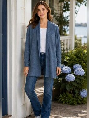 GAP Open Front Cardigan Large‎ Heather Blue Longline Soft Knit Layering Sweater